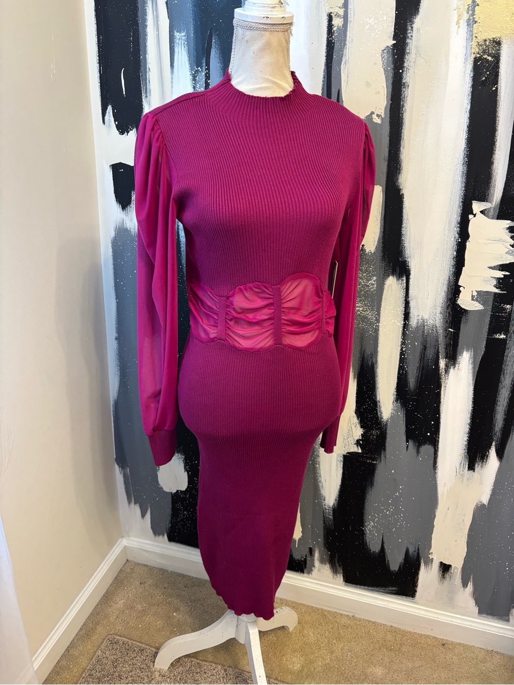 Almost Famous Fuchsia LongSleeve Ribbed Dress with Ruched Waist and Sheer Sleeve